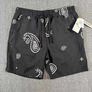 Malibu Shorts Mens Large Black White Paisley Bandana Drawstring D4831-X07B1